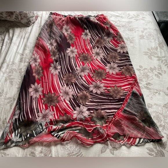 VTG 90s Red Black Floral Oriental Pull On Midi Slip Skirt 3X Whimsigoth Fairy - Picture 1 of 8